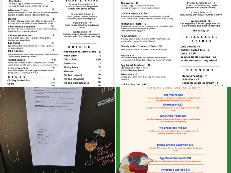 Finches Sandwiches & Sundries Menu