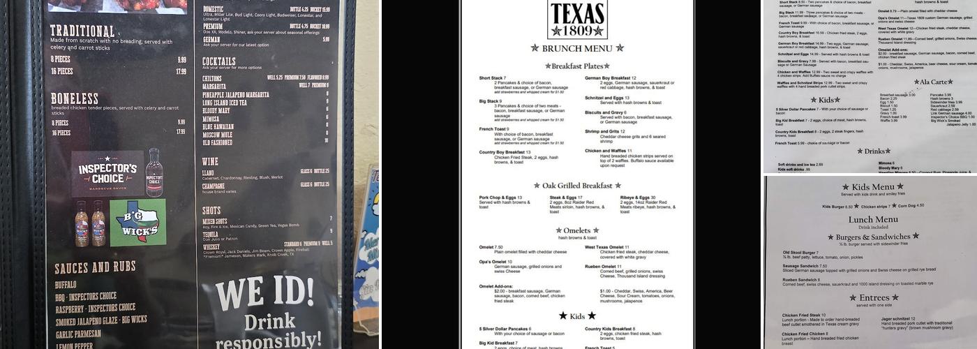 Texas 1809 Menu