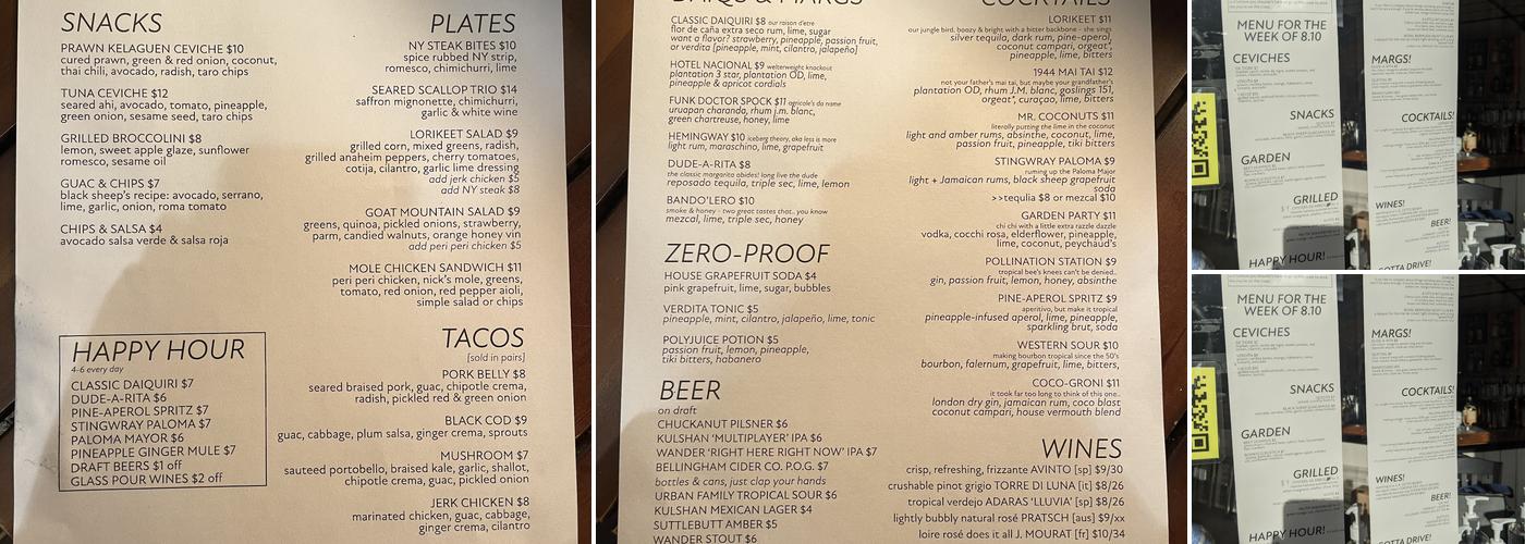 Lorikeet Bar Menu