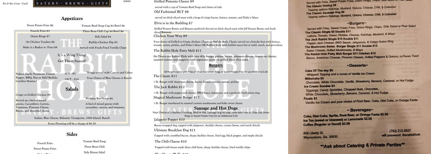 The Rabbit Hole Eatery Brews and Gifts Menu