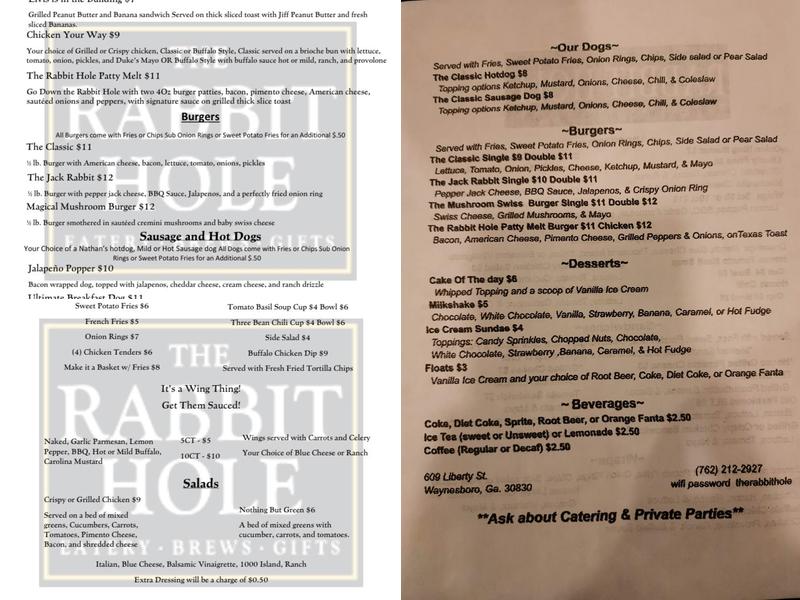 The Rabbit Hole Eatery Brews and Gifts Menu