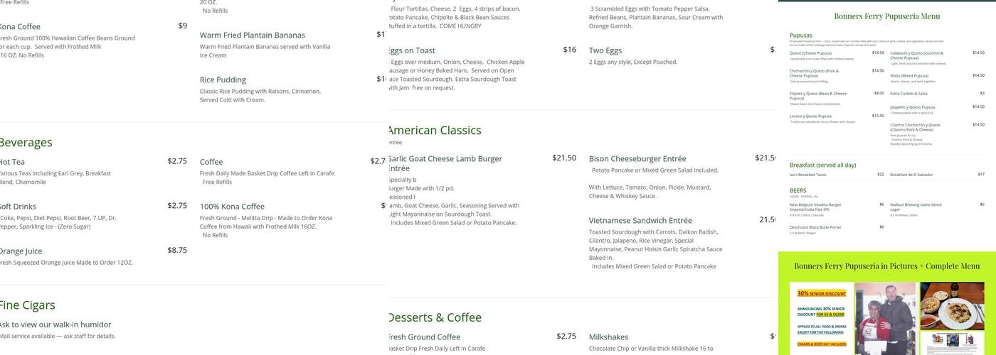 Bonners Ferry Pupuseria & American Diner Restaurant + Fine Cigars Menu