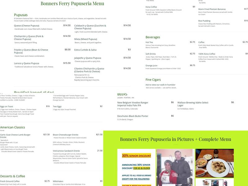 Bonners Ferry Pupuseria & American Diner Restaurant + Fine Cigars Menu