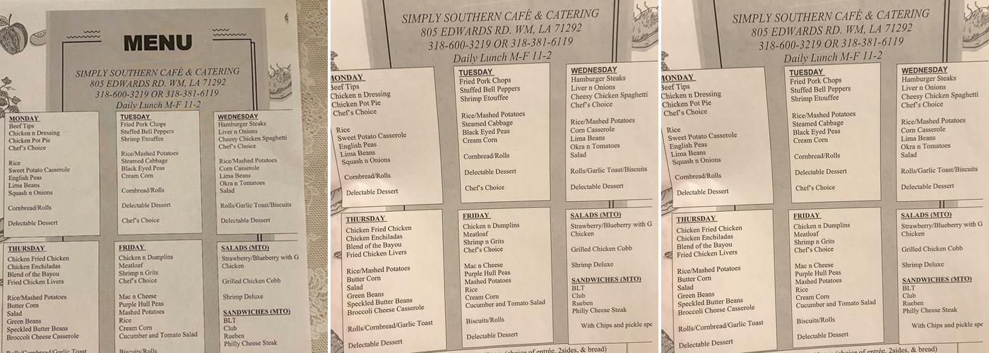 Simply Southern Cafe Menu
