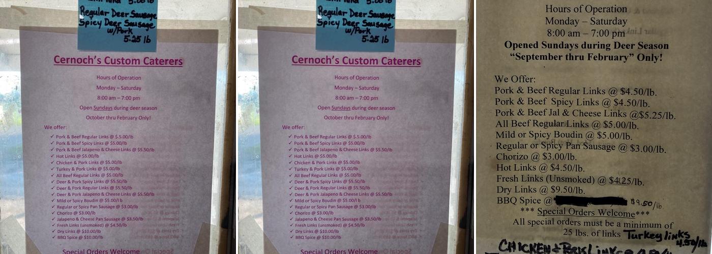 Cernoch's Custom Caterers & Sausage Menu