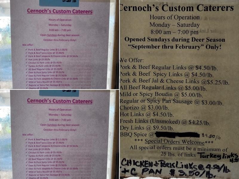 Cernoch's Custom Caterers & Sausage Menu