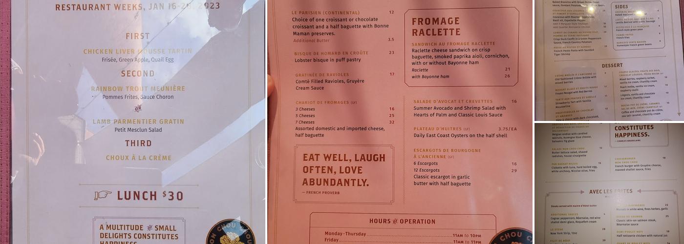 Brasserie Mon Chou Chou Menu