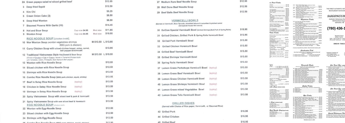 Saigon Cuisine Menu