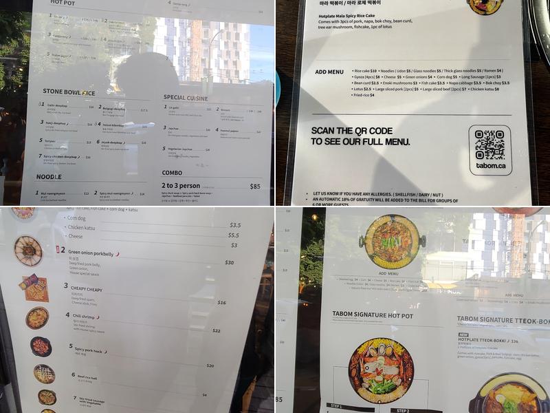 Tå Bom Korean Cuisine Menu