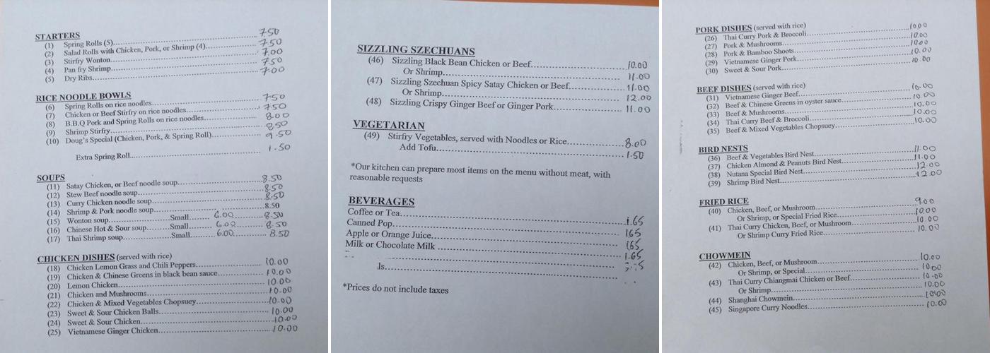 Nutana Cafe Menu