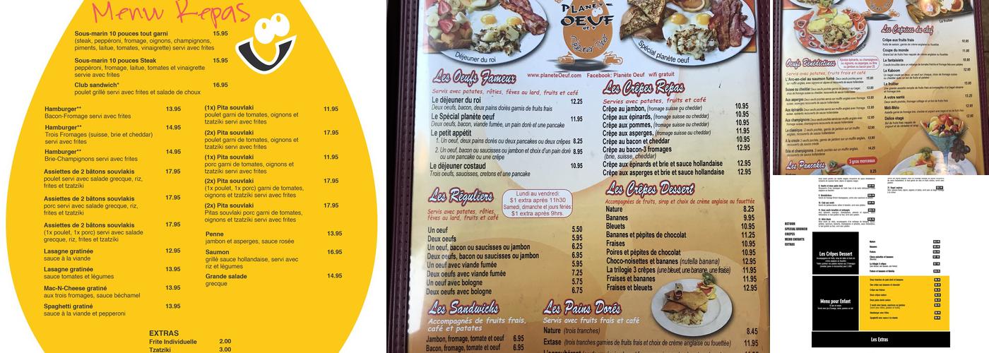 La Planète Oeuf Menu