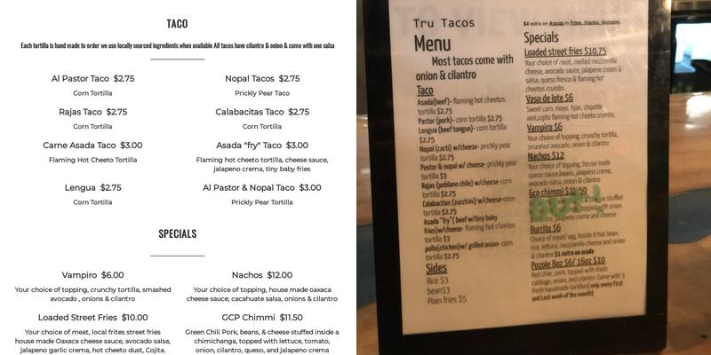 Tru Tacos Menu
