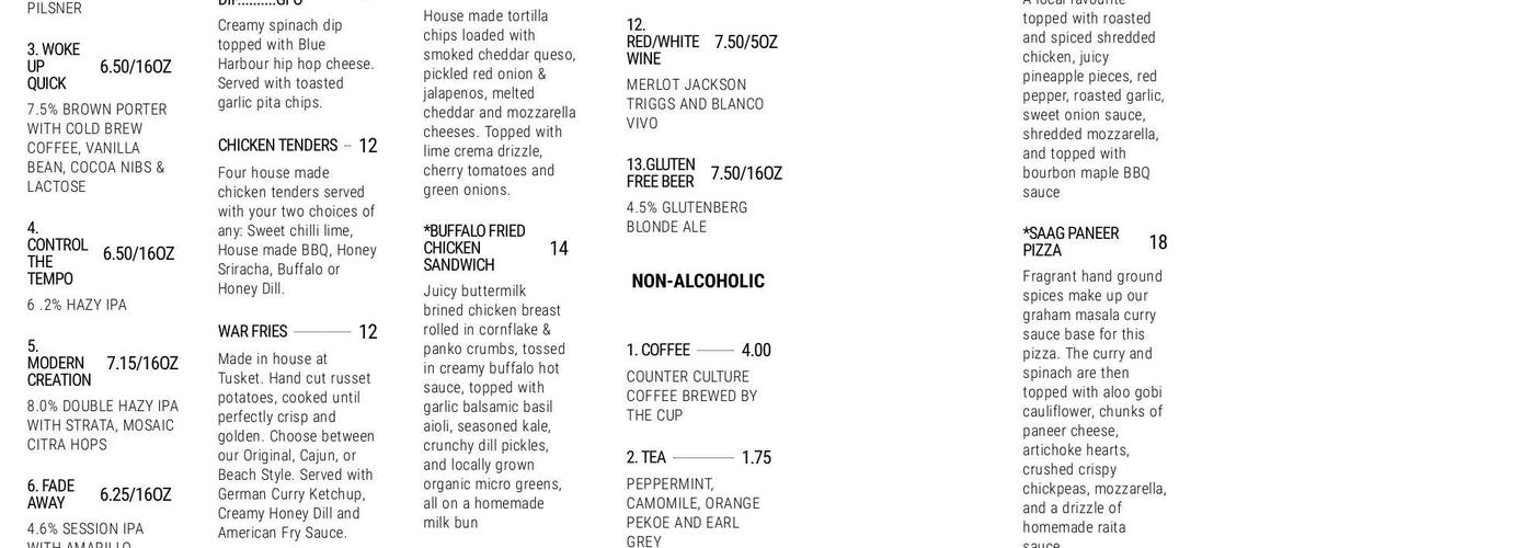 Tusket Falls Brewing Company Menu