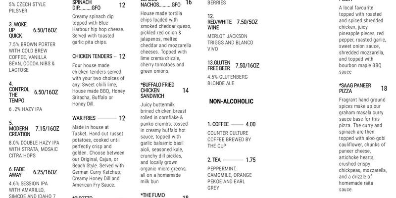 Tusket Falls Brewing Company Menu