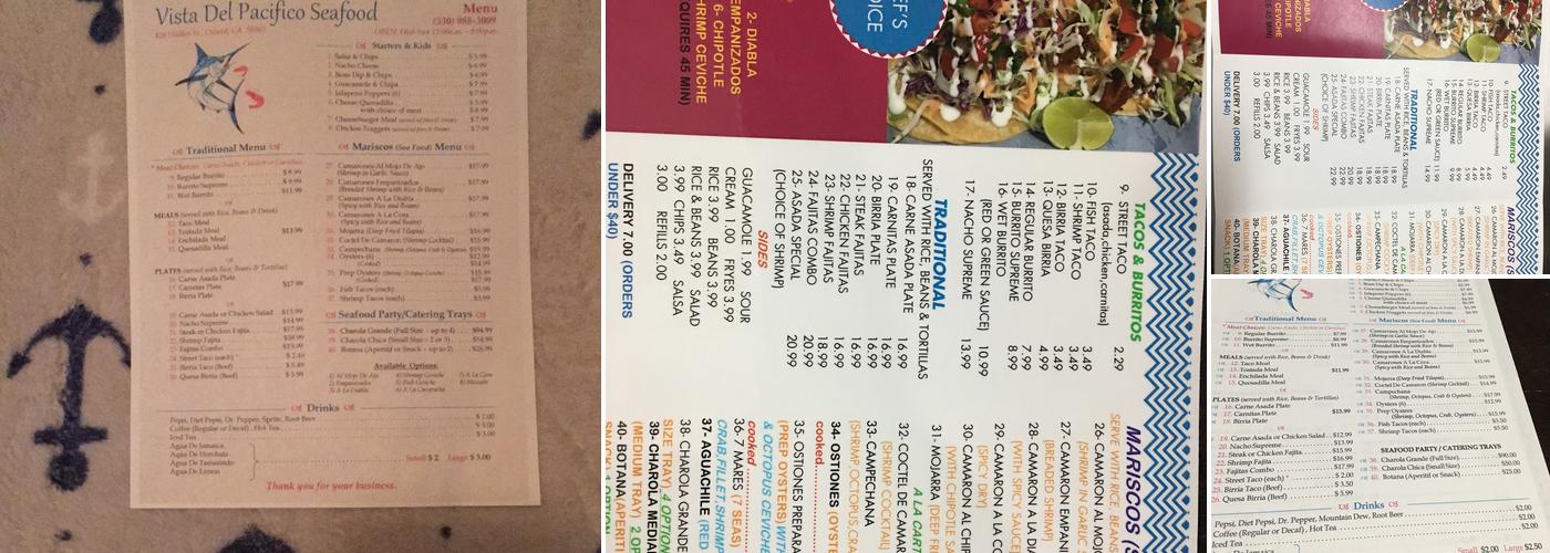 Vista del Pacifico seafood Menu