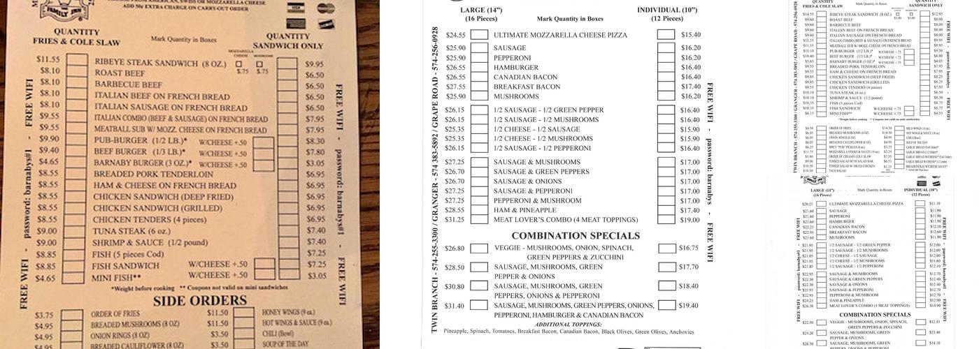 Barnaby's Granger Menu