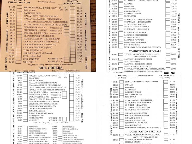 Barnaby's Granger Menu