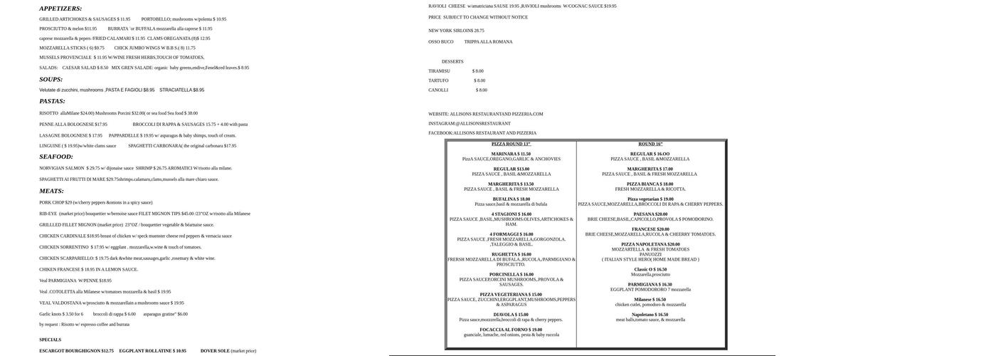 Allison's Restaurant & Pizzeria Menu