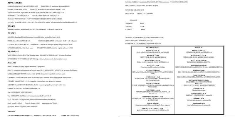 Allison's Restaurant & Pizzeria Menu