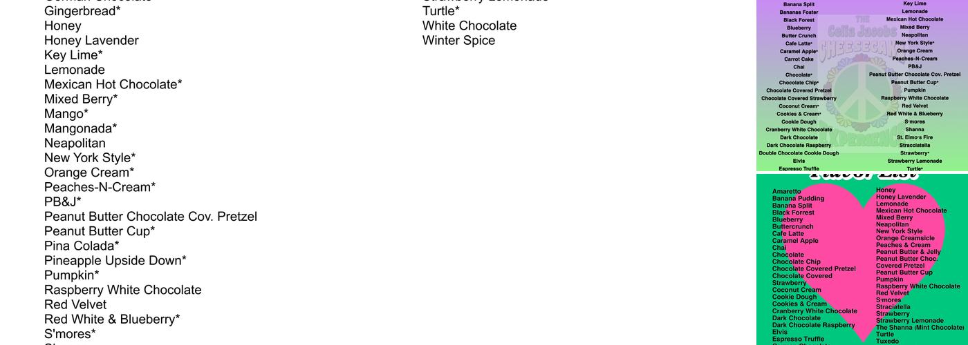 The Celia Jacobs Cheesecake Experience Menu
