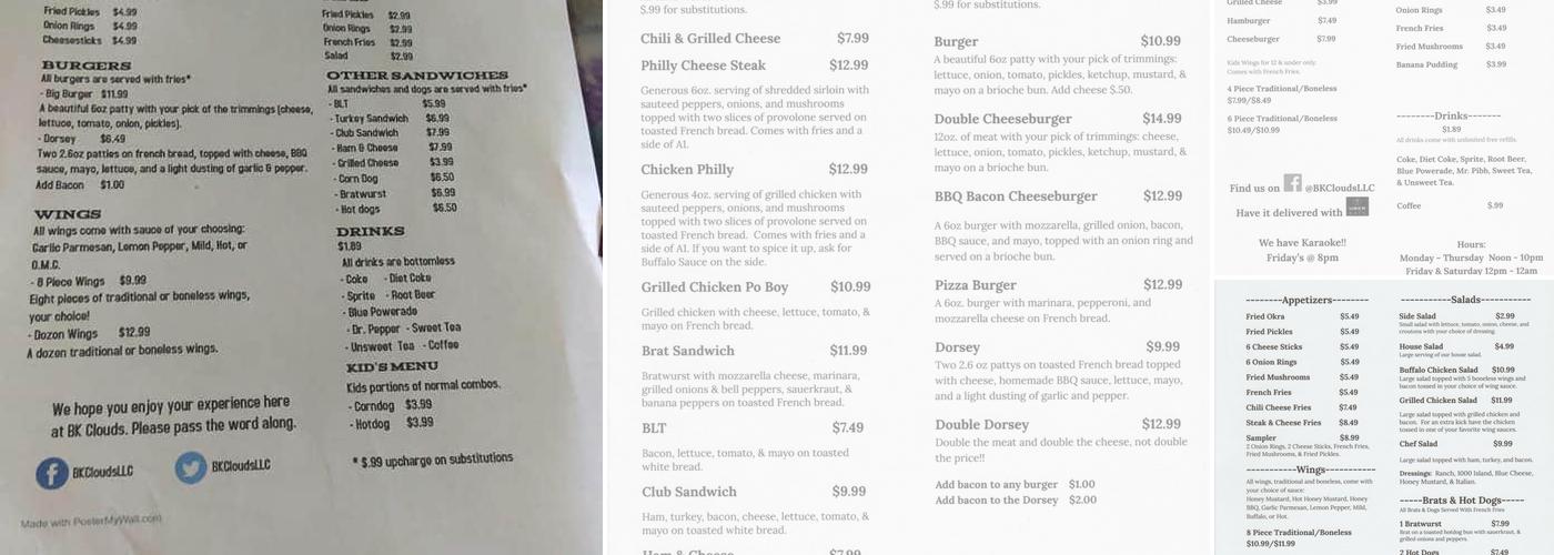 BK Clouds LLC Menu