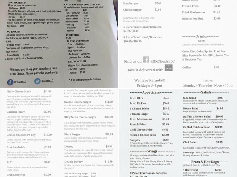 BK Clouds LLC Menu