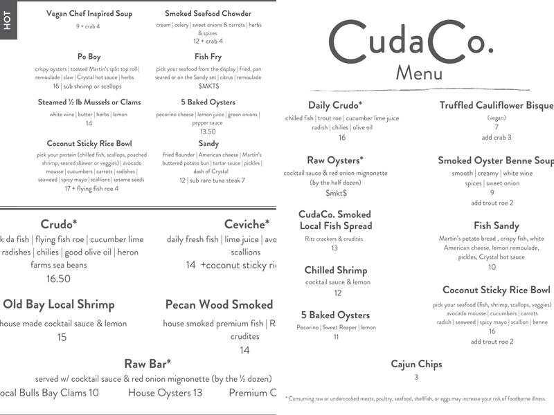 CudaCo. Seafood House Menu