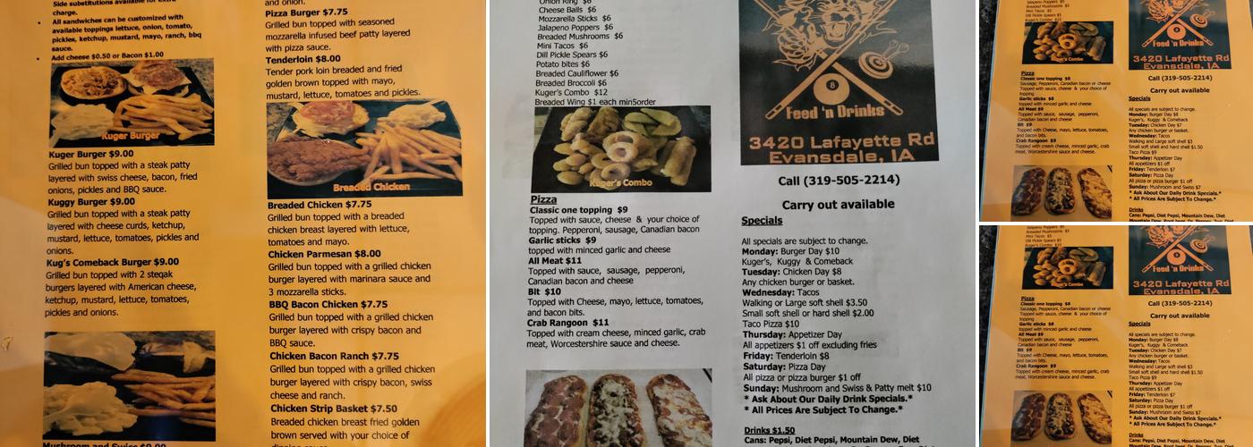 Kuger's feed n drinks Menu