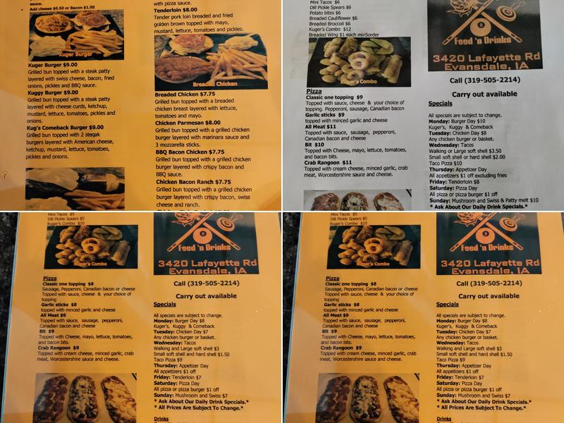 Kuger's feed n drinks Menu