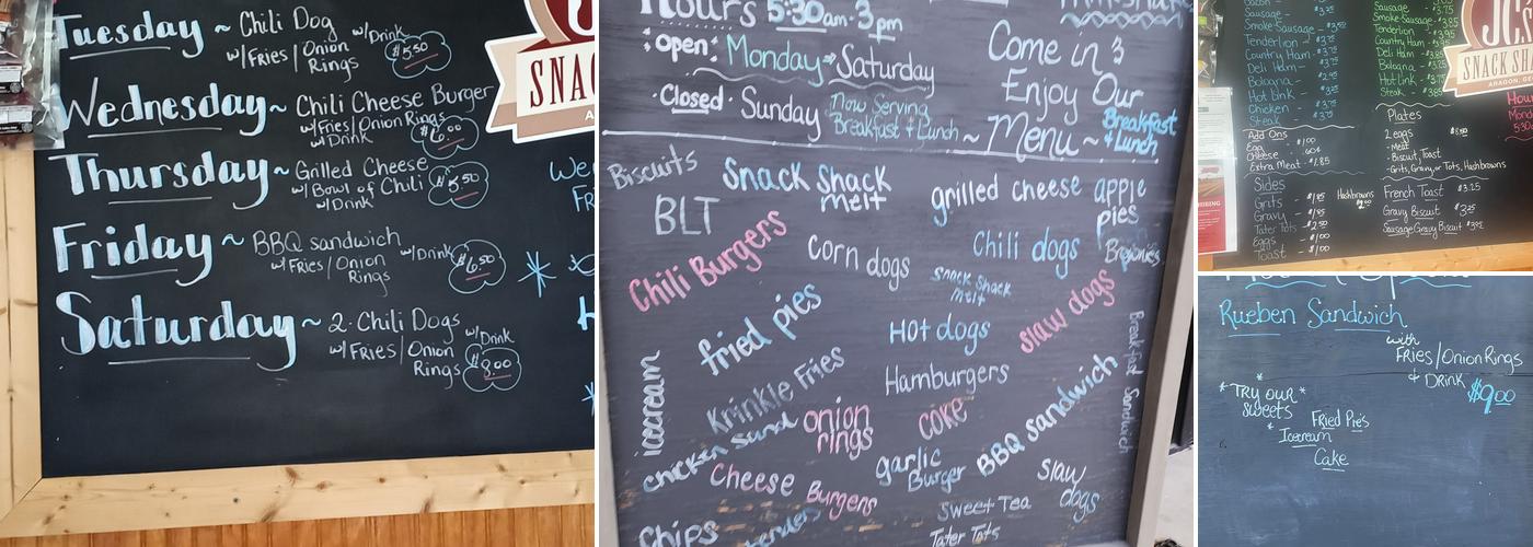 JC's Snack Shack and Ice Machine Menu