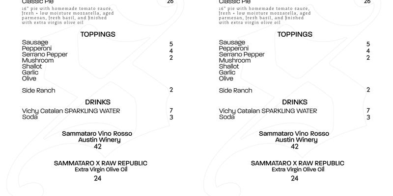 Sammataro Pizza Menu