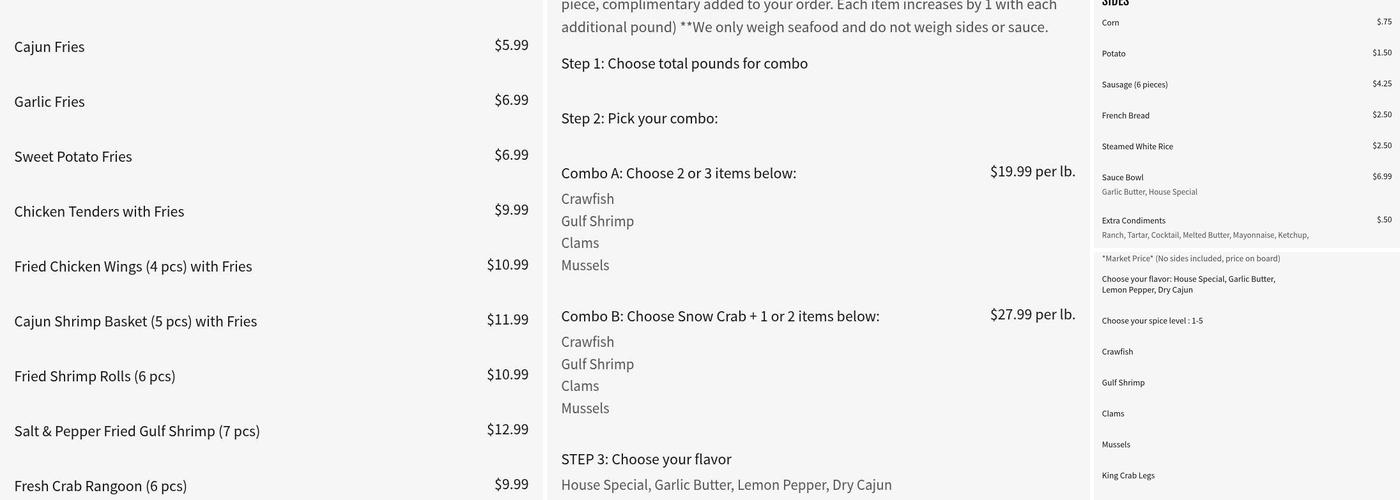 Blazing Crawfish Menu