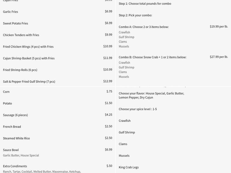 Blazing Crawfish Menu
