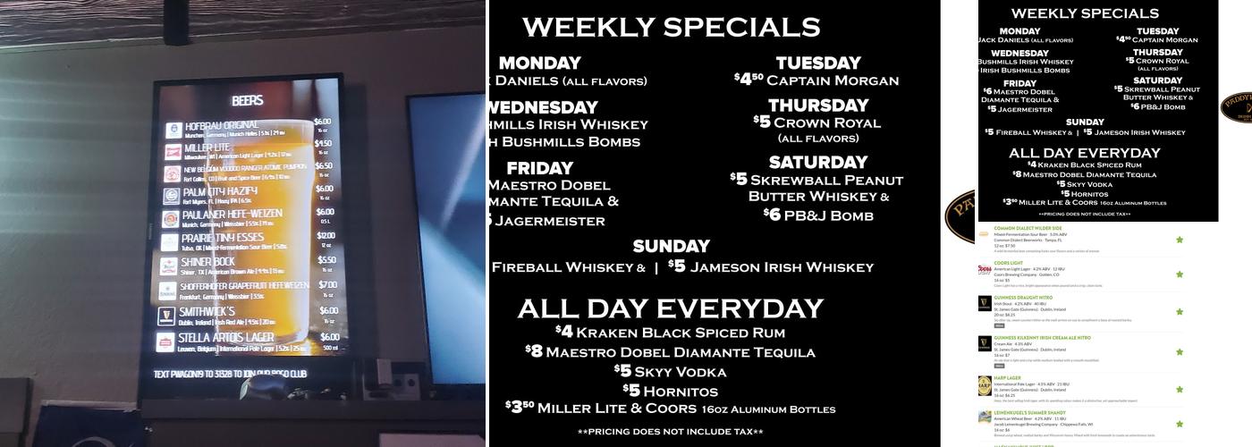 Paddy Wagon Irish Pub Menu