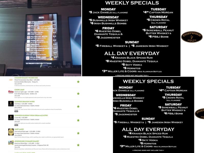 Paddy Wagon Irish Pub Menu