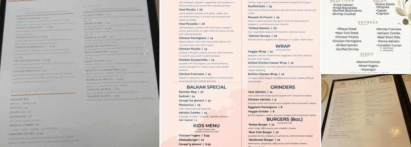 Adriatic Restaurant Menu