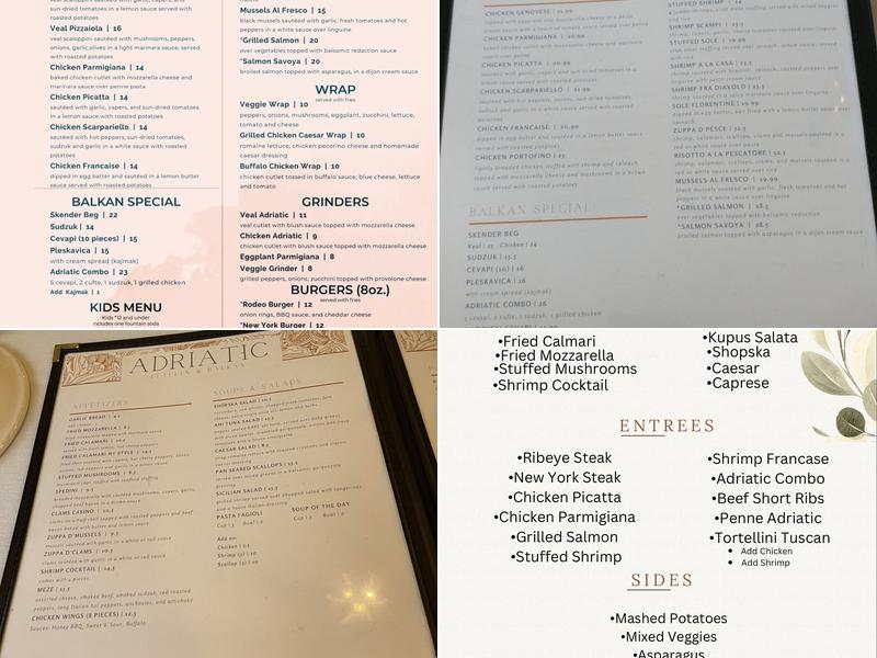 Adriatic Restaurant Menu
