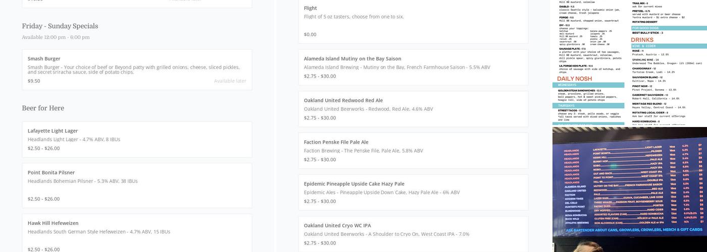 Headlands Brewing Menu