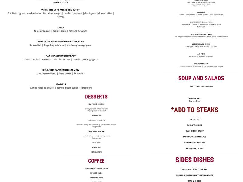 Canyons Steak House at Soboba Menu