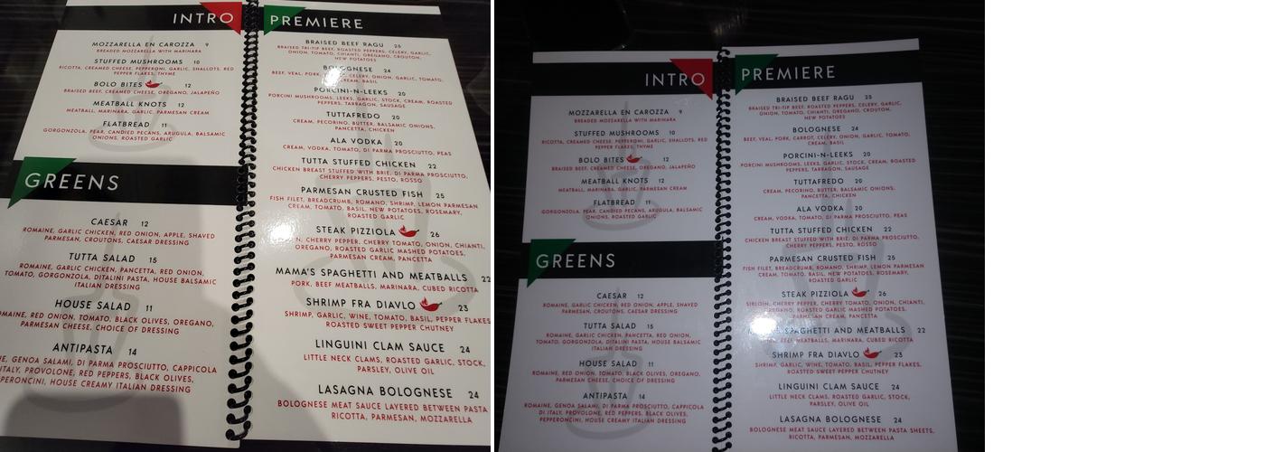 Tutta Pasta Menu