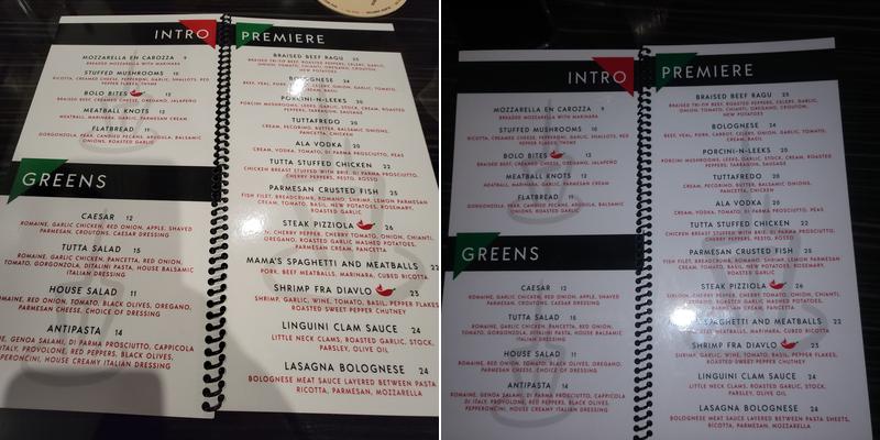 Tutta Pasta Menu