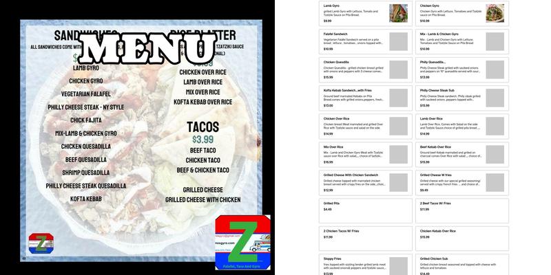 Zimos Falafel, Gyro & Taco Food truck . Menu