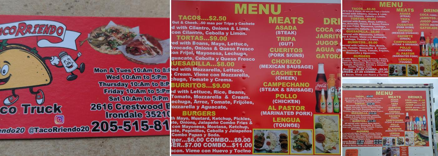 TacoRriendo Menu