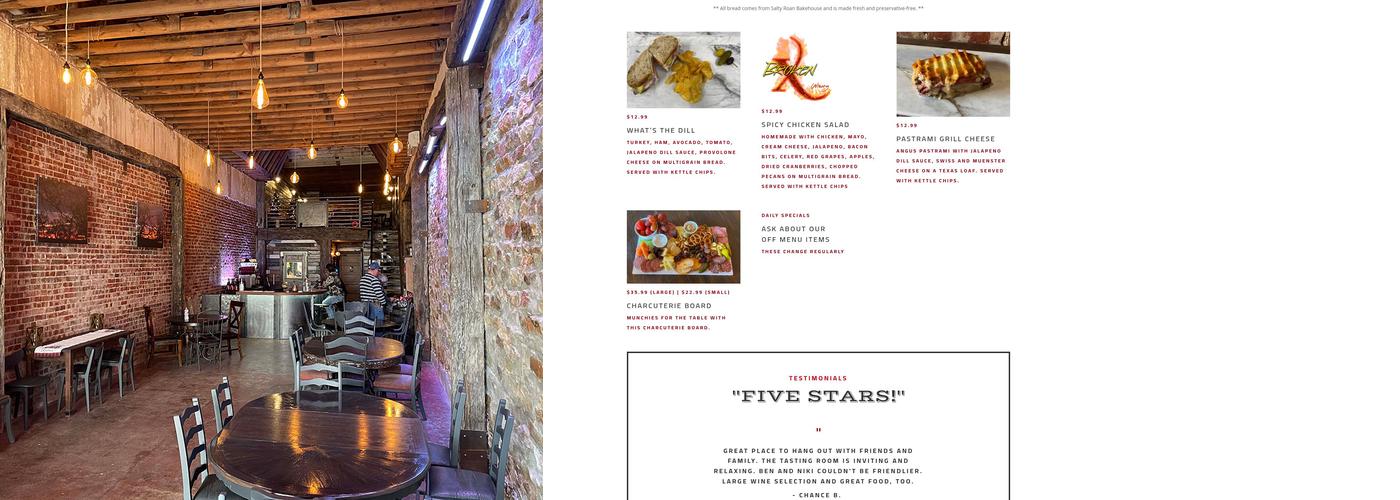 Broken X Winery Menu
