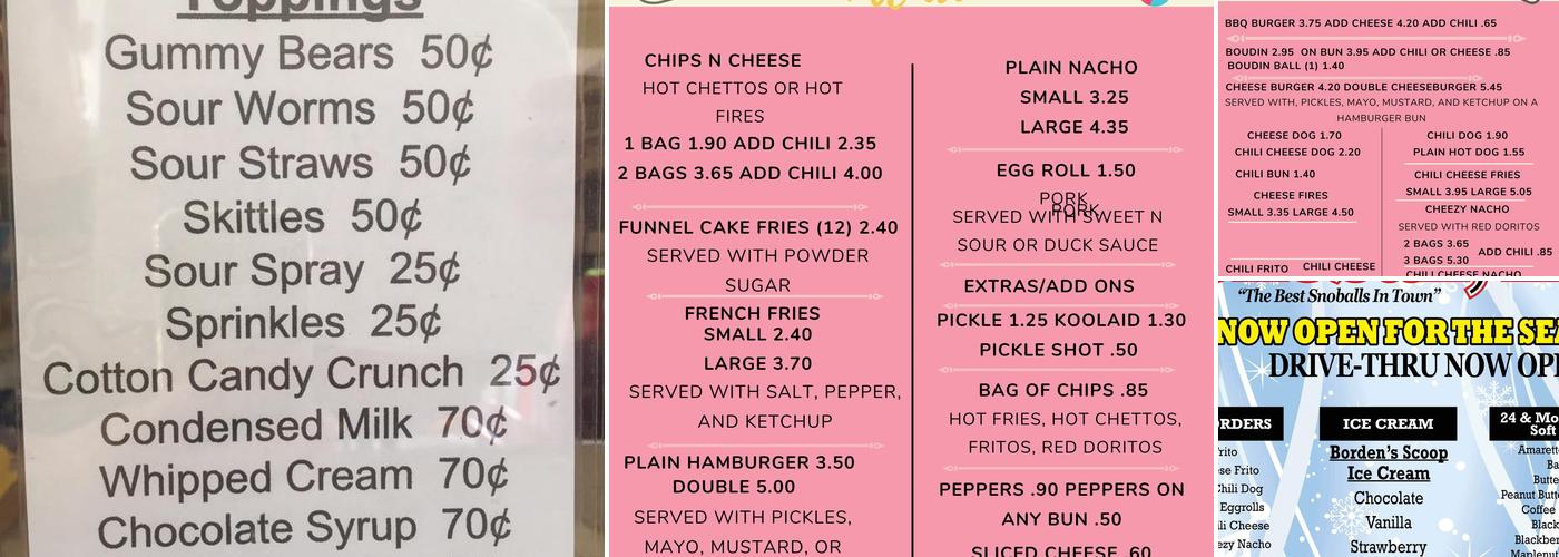 Snoball Etc. Menu