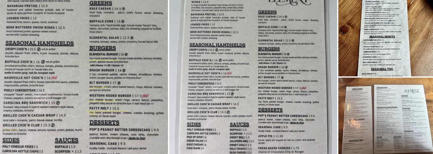 Element Gastropub Menu