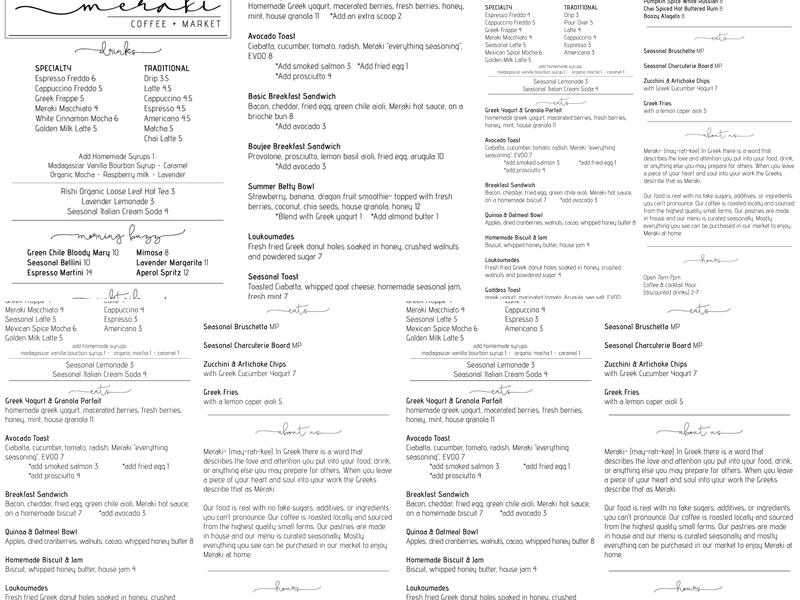 Meraki Coffee + Market Menu
