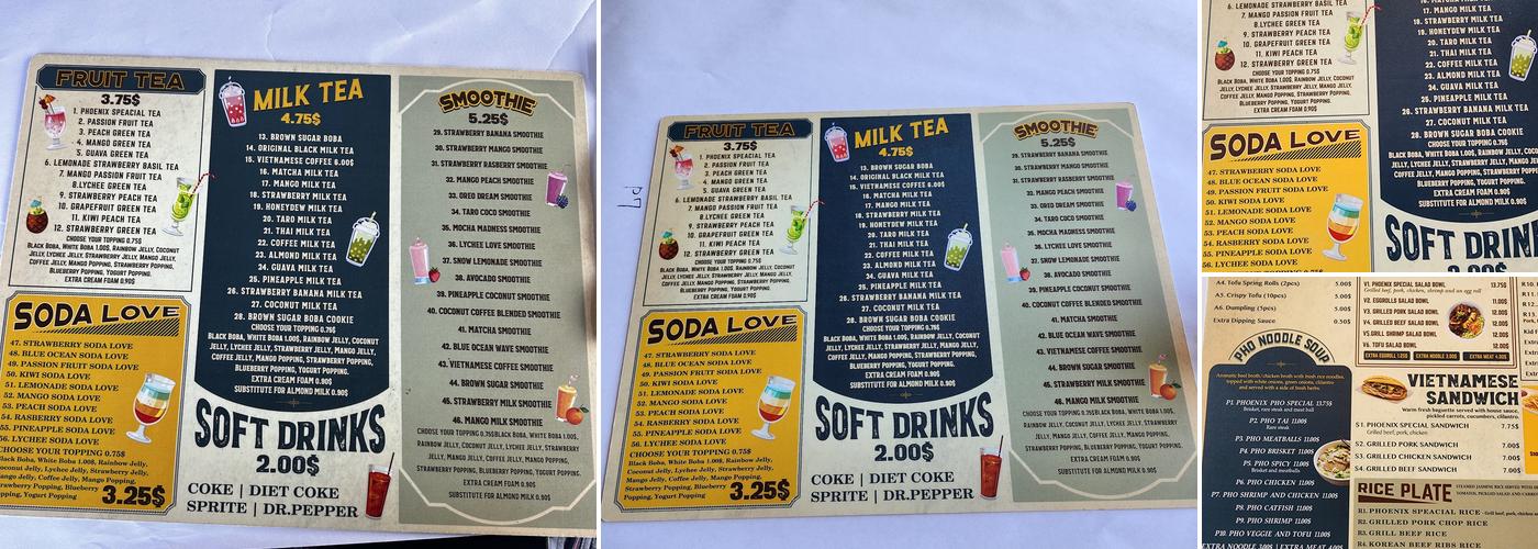 Phoenix Pho boba Tea Menu