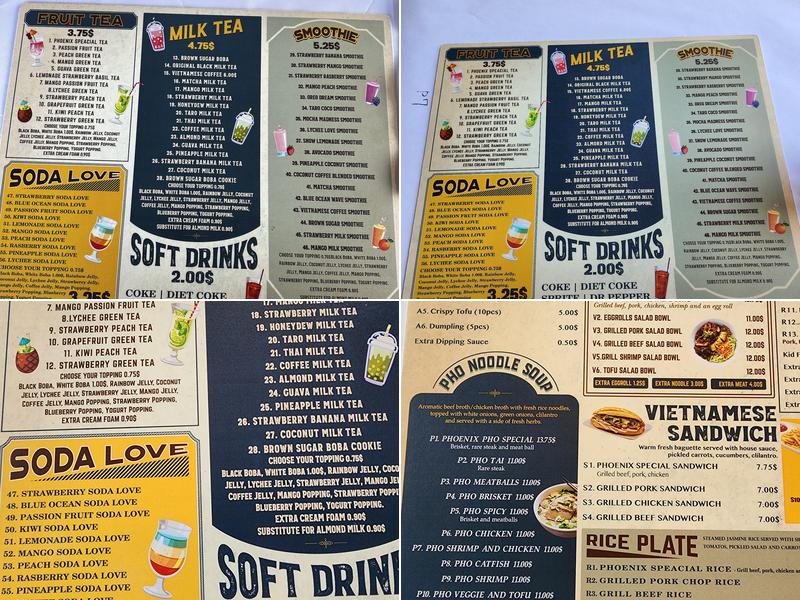 Phoenix Pho boba Tea Menu
