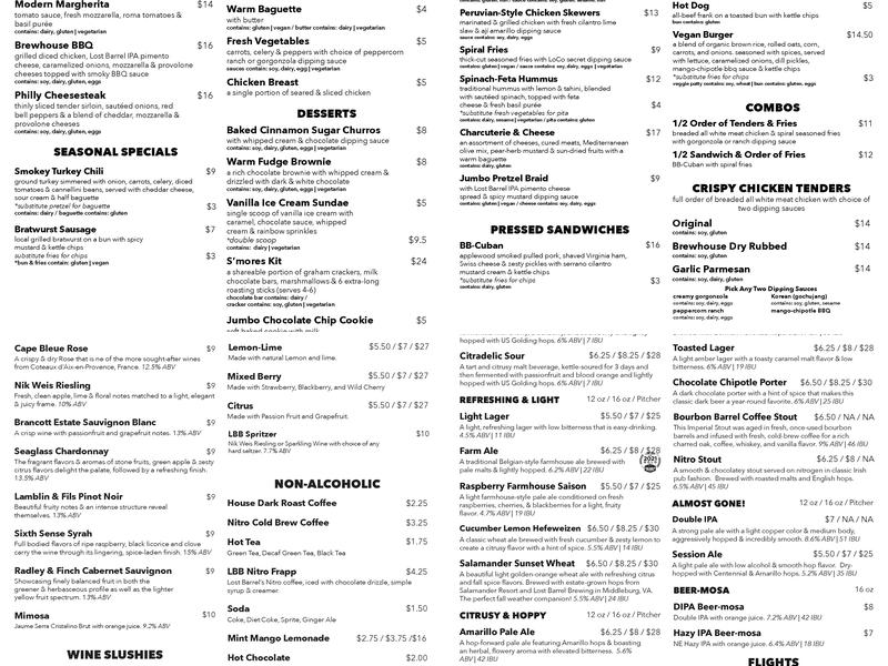 Lost Barrel Brewing Menu